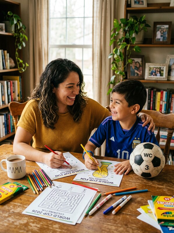 Mamá e hijo disfrutando el cuaderno Pequeños Mundialistas en familia