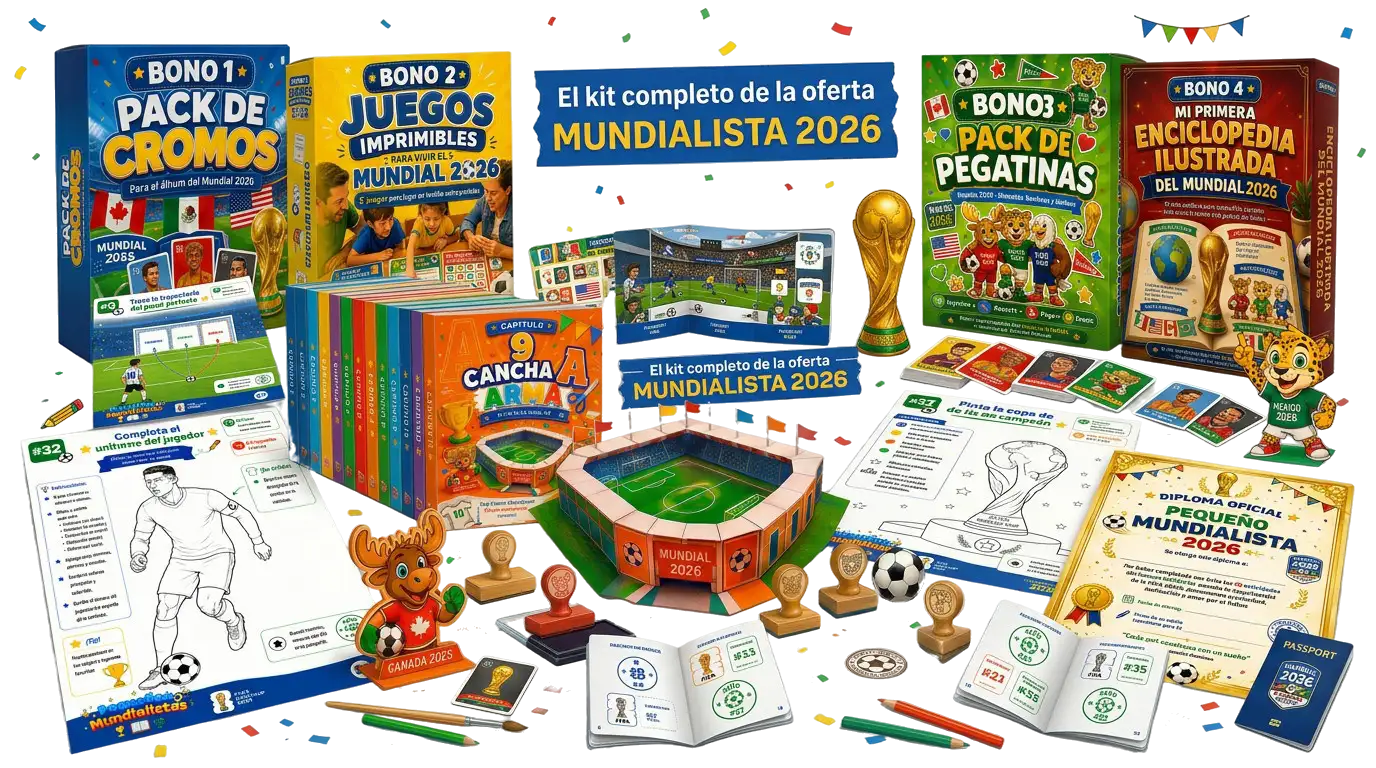 El kit completo de la oferta: cuaderno Pequeños Mundialistas + los 4 bonos de regalo